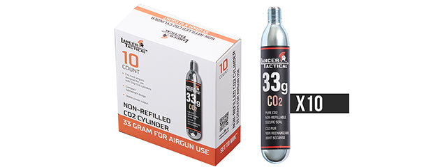 Lancer Tactical - High Pressure 33 Gram CO2 Cartridges for Airsoft / Airguns - (Pack of 10)