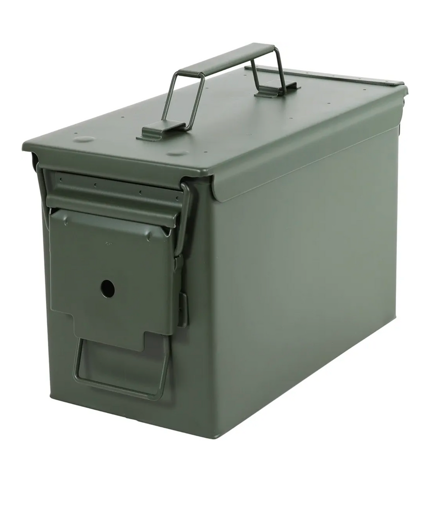 Ammo Storage Box - Green .50 Caliber Ammunition Flip Top Lockable Storage Box - Waterproof Metal Military Ammo Can Container - Airtight Latching Dry Box