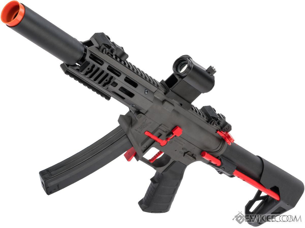King Arms : PDW 9mm SBR Airsoft AEG Rifle (Color: Grey & Red / Silenced M-LOK) (COMBO) 7.4v & Charger