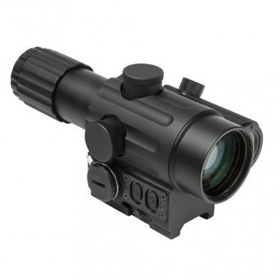 VISM by NcSTAR (LEFT HANDED) DUO SERIES 4X34 SCOPE/BUILT IN OFFSET GREEN DOT RELFLEX SIGHT/BLUE ILL. URBAN TACTICAL RETICLE/PICATINNY BASE/GREEN LENS